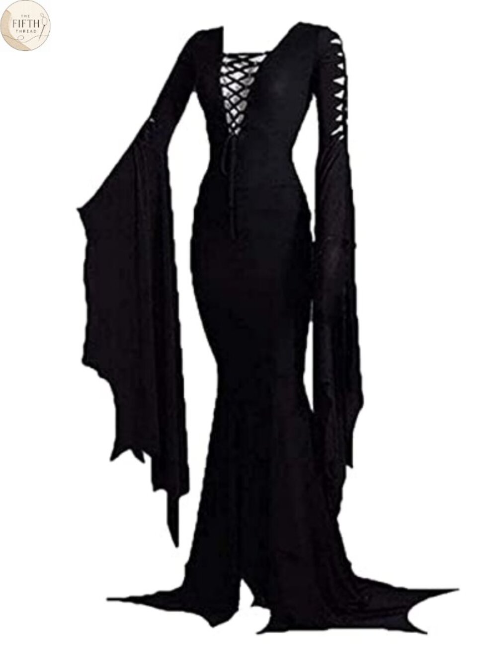 Women Gothic Witch Maxi Costume Dress Lace-Up V-Neck Flared Sleeves
